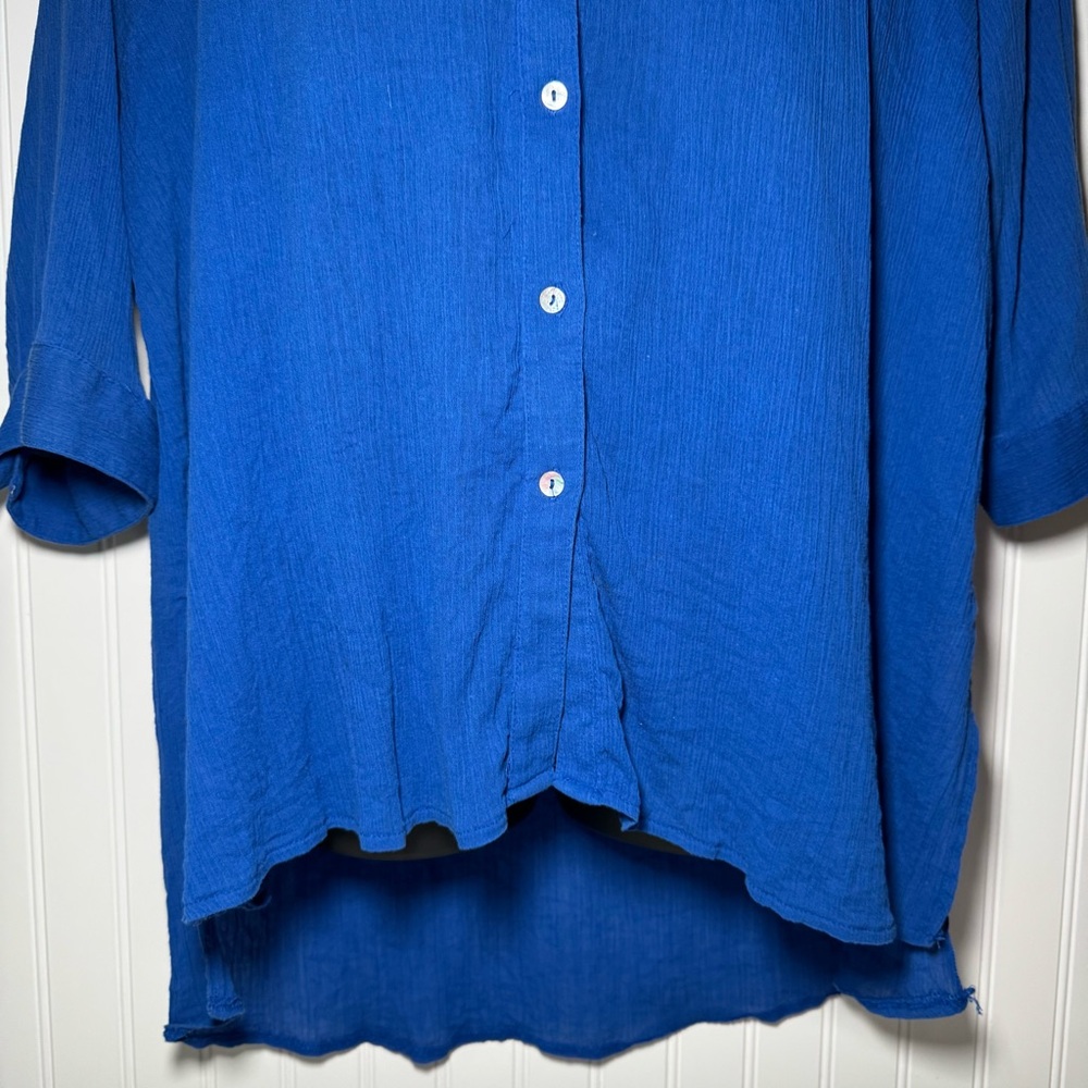 Catherine’s Blouse Women’s 2X Blue Gauzy Tunic Slits Roll Tab 3/4 Sleeves Casual - Picture 4 of 14